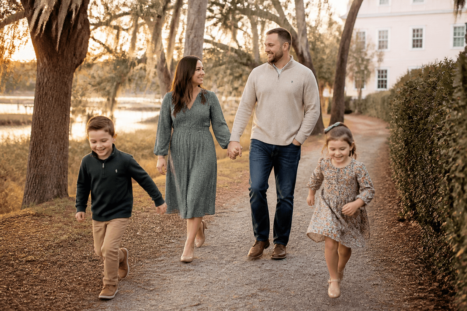 Family of four walking together at dusk on an outdoor path near coastal Georgia