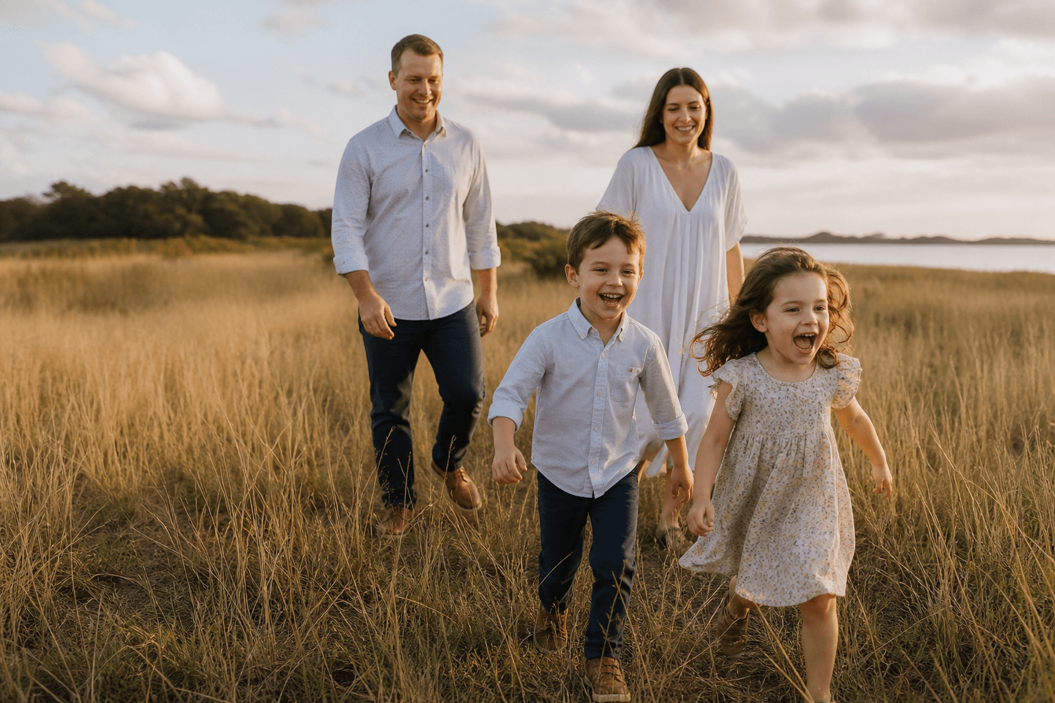 Family running together through a golden outdoor field during a candid photography session